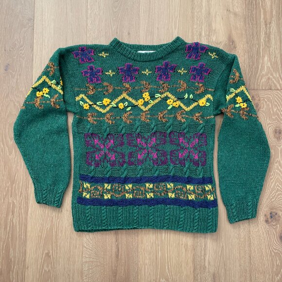 Vintage 90s Cabin Fever Sweater Women Large Hand Knitted Green Flowers Grandma - Picture 5 of 16